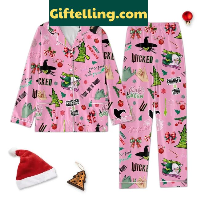 Wicked Changed For Good Christmas Polyester Pajamas Set Pink, featuring a festive design and soft, cozy fabric.