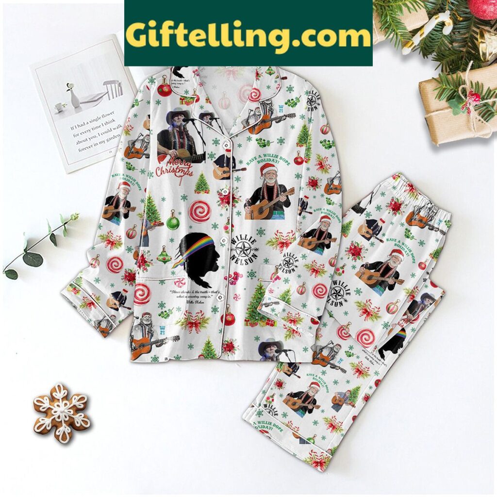 Willie Nelson Merry Christmas Pajamas Set - long sleeve holiday pajamas with Willie Nelson's face on them