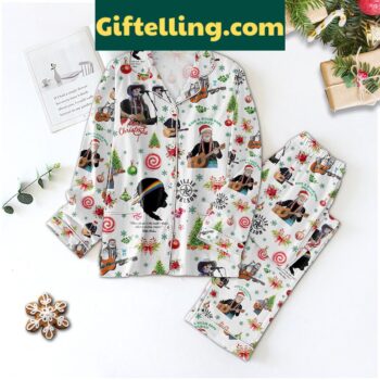 Willie Nelson Merry Christmas Pajamas Set - long sleeve holiday pajamas with Willie Nelson's face on them