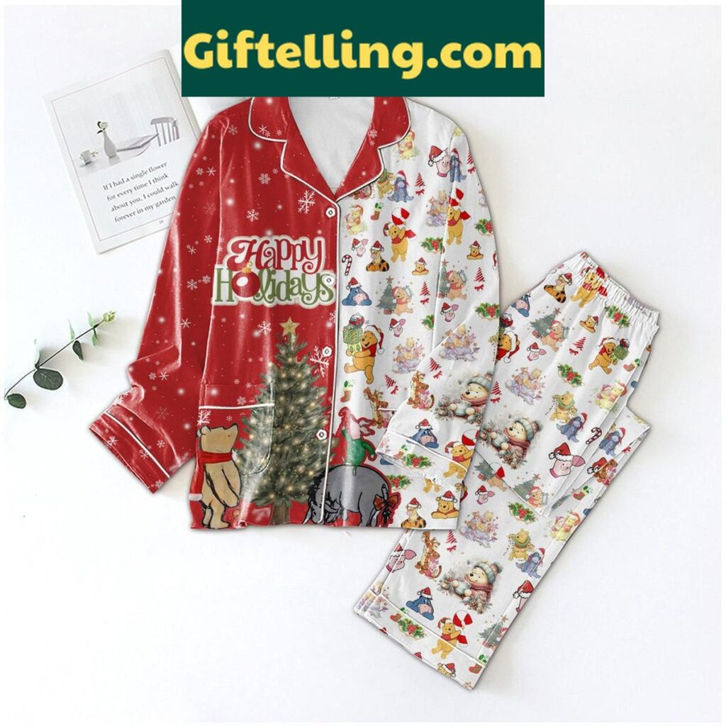 Winnie the Pooh Christmas time polyester pajamas set for men, women, and kids
