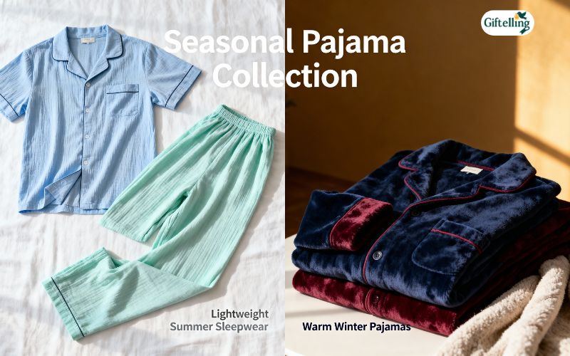 Seasonal pajama collection showing lightweight summer sleepwear and warm winter pajamas for different climates