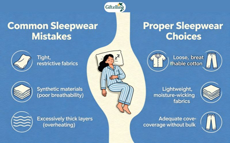 Common sleepwear mistakes versus proper choices showing comfortable appropriate pajamas for better sleep