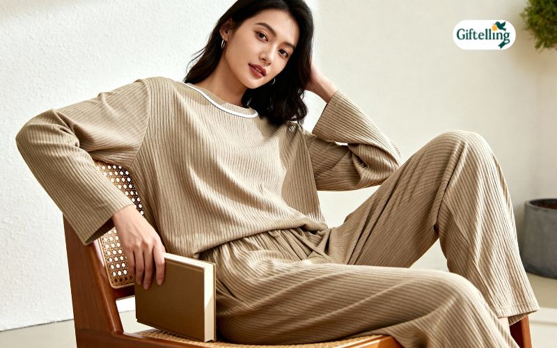 Stylish loungewear pajama set suitable for both sleeping and daytime wear showing versatile design