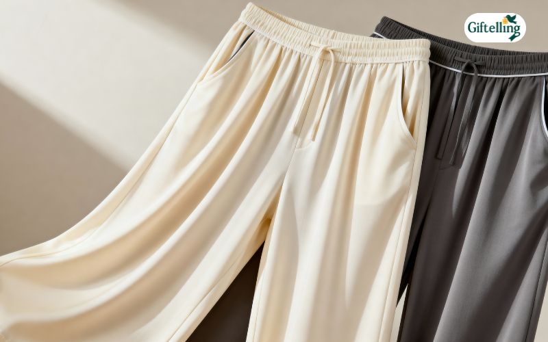 Wide-leg pajama pants showing elegant drape and sophisticated loungewear silhouette for all-day wear