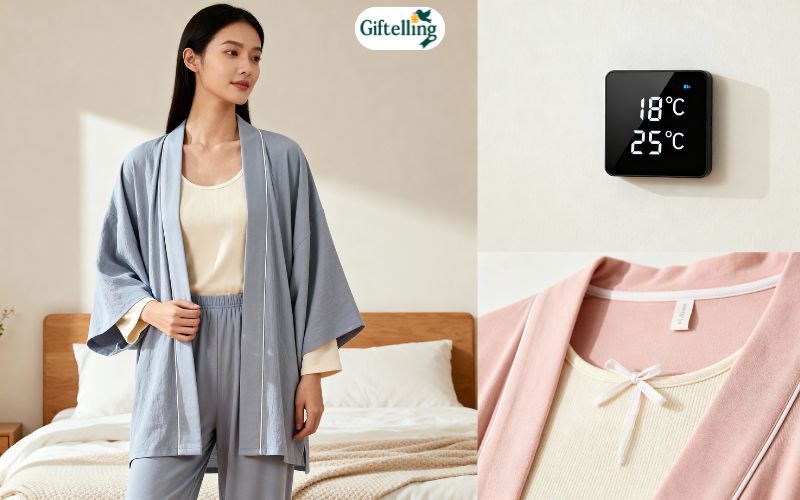 Layered pajama outfit with kimono or cardigan showing temperature control and versatile styling