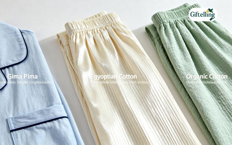 different cotton pajama types showing pima egyptian and organic cotton fabrics with texture details