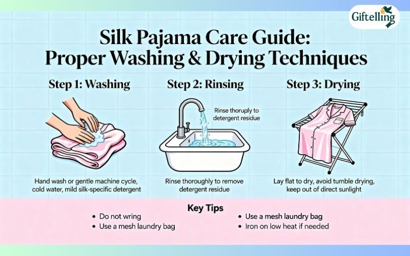 silk pajama care demonstration showing proper washing and drying techniques for maintaining silk sleepwear