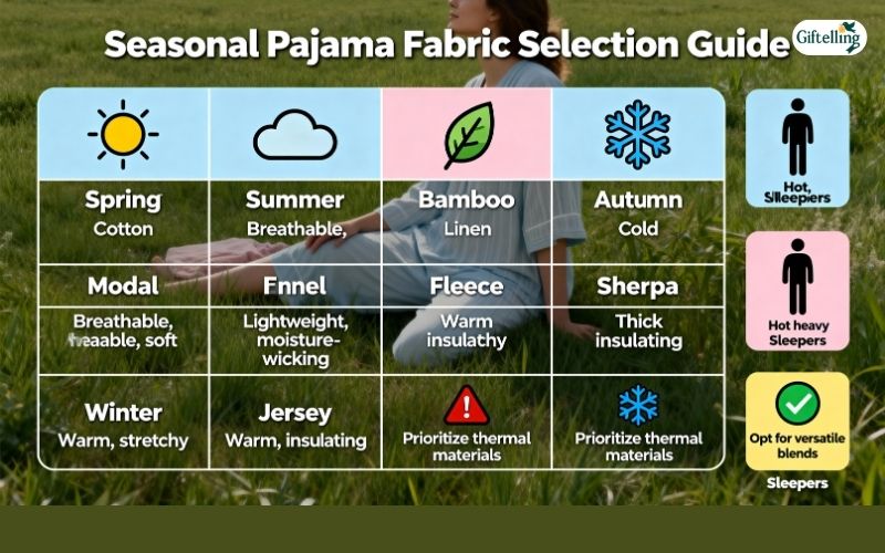 seasonal pajama fabric selection guide showing appropriate materials for different climates and sleep styles