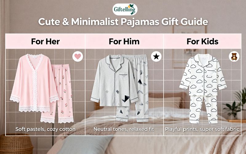 Gift-giving guide showing Cute vs minimal pajamas as presents for different recipients