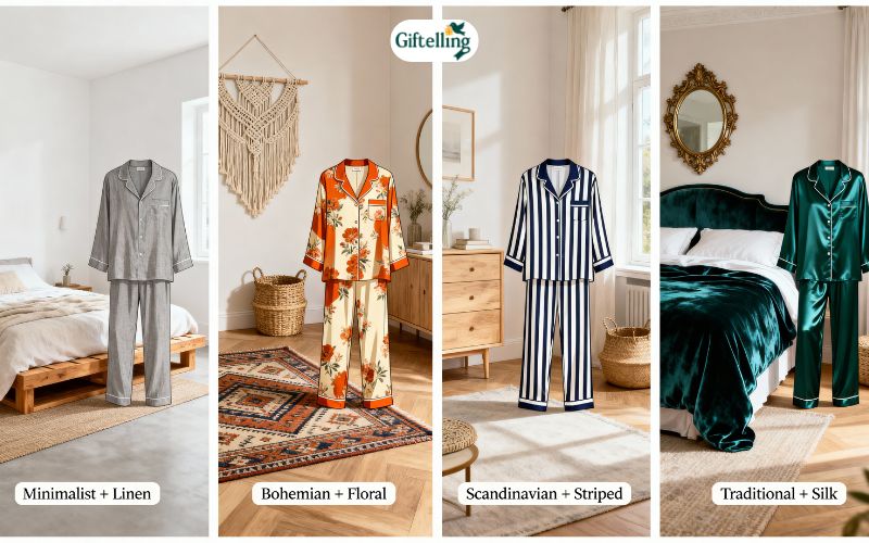 Bedroom coordination showing how pajama styles complement different interior design aesthetics