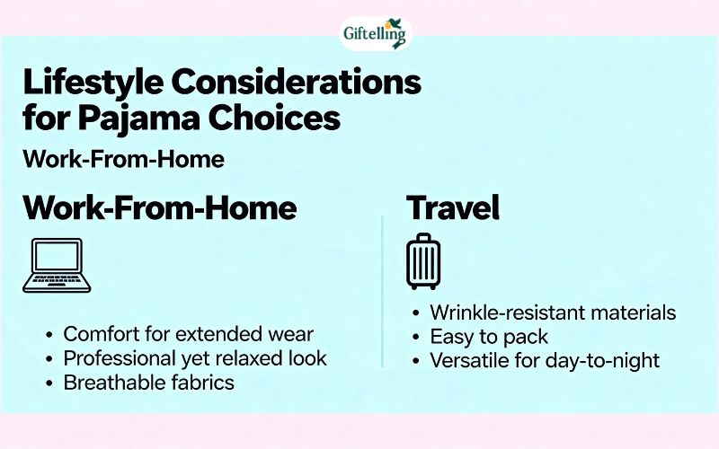 Lifestyle considerations for pajama choices showing work-from-home and travel situations
