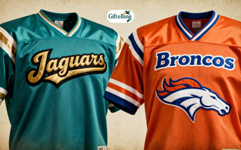 Throwback vintage Jaguars and Broncos jerseys showing retro designs from 1990s with classic logos