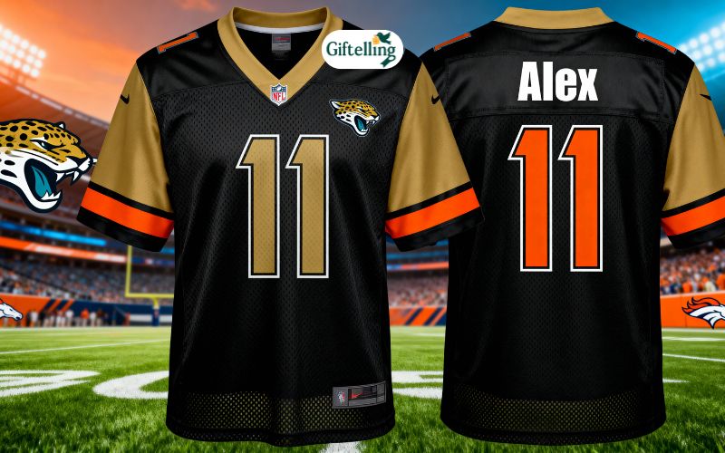 Custom personalized Jaguars vs Broncos jersey showing fan name and number on team uniform