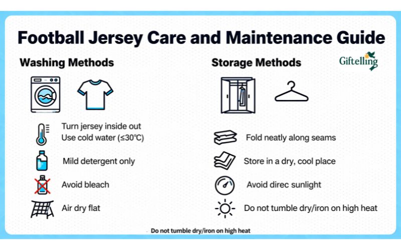 Jersey care and maintenance showing proper washing and storage methods for football jerseys