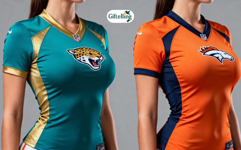 Women's fitted Jaguars and Broncos jerseys showing tailored designs for female fans with flattering cuts