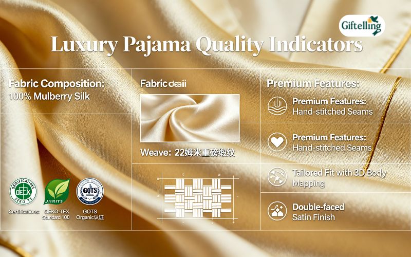 Luxury pajama sets quality indicators showing fabric details certifications and genuine premium features