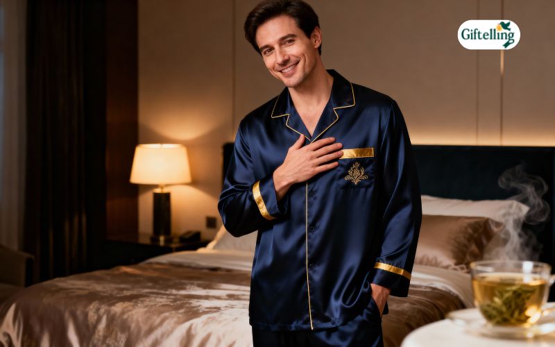 Confident person in luxury pajamas showing self-care benefits and psychological comfort of premium sleepwear