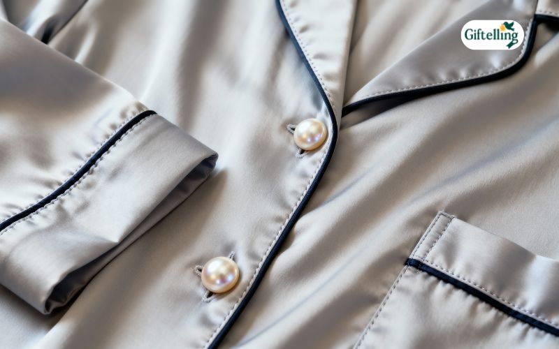 Construction details of luxury pajamas showing French seams pearl buttons and expert craftsmanship