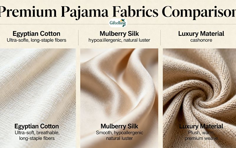 Premium pajama fabrics showing Egyptian cotton mulberry silk and luxury materials comparison