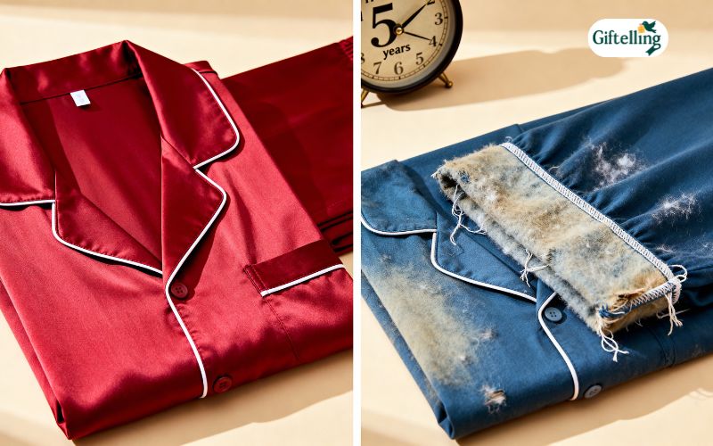 Longevity of luxury pajamas showing maintained quality over years versus worn budget sleepwear