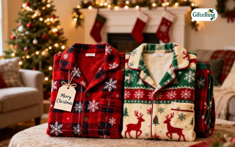 Matching pajamas as gifts showing holiday tradition and thoughtful present giving with coordinated sets