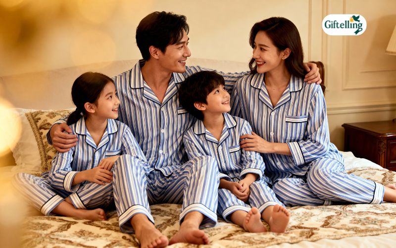 Family in matching pajama sets showing bonding togetherness and coordinated sleepwear for photos