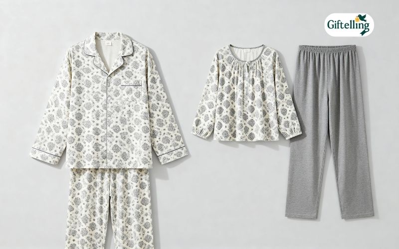 comparison of matching pajama set versus separate pajama pieces laid out side by side showing different sleepwear options