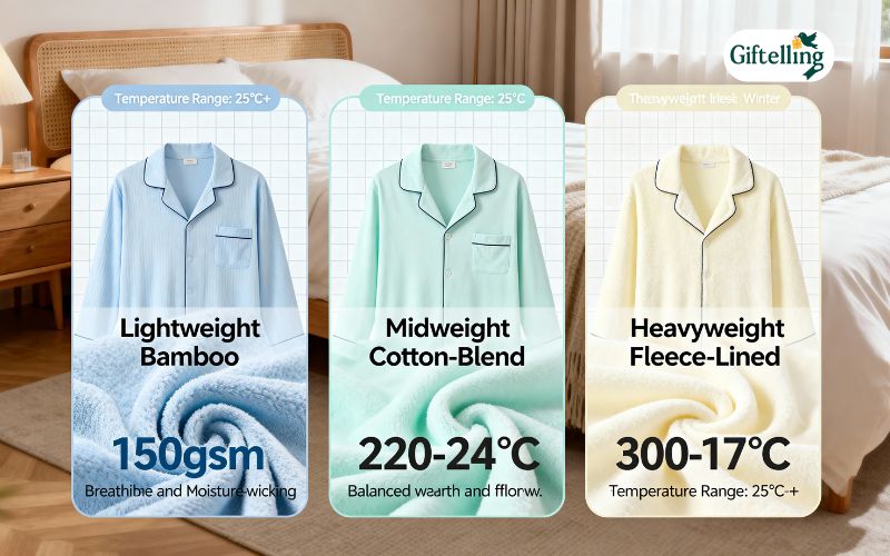 Temperature regulation in sleepwear showing different fabric weights and combinations for optimal sleep comfort