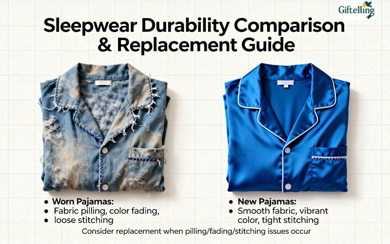 Worn versus new pajama pieces showing durability comparison and replacement considerations for sleepwear