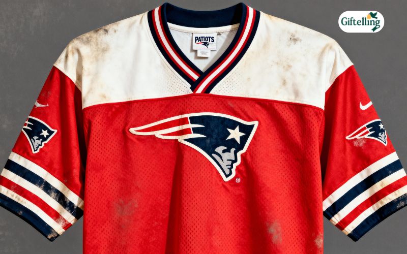 Throwback vintage Patriots jersey showing retro design from 1980s-1990s with classic Pat Patriot logo