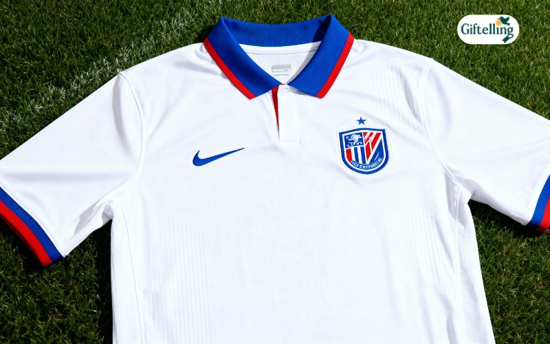 Patriots white away jersey showing clean design with blue and red accents perfect for game day styling