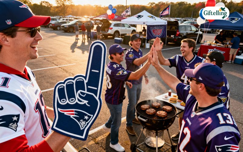 Patriots vs Ravens game day traditions showing fans tailgating and celebrating in team jerseys before kickoff
