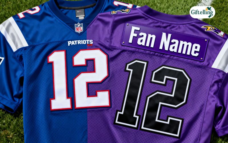 Custom name Patriots vs Ravens jersey showing personalized fan jersey with custom number and nameplate