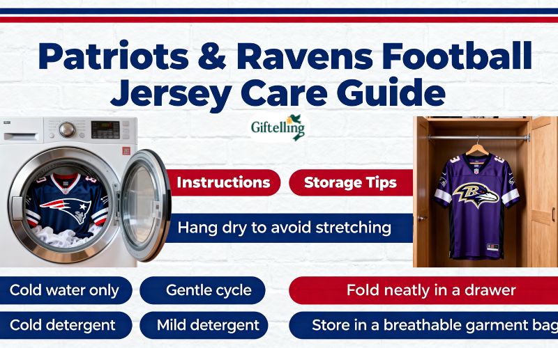 Jersey care and maintenance showing proper washing and storage methods for Patriots and Ravens football jerseys