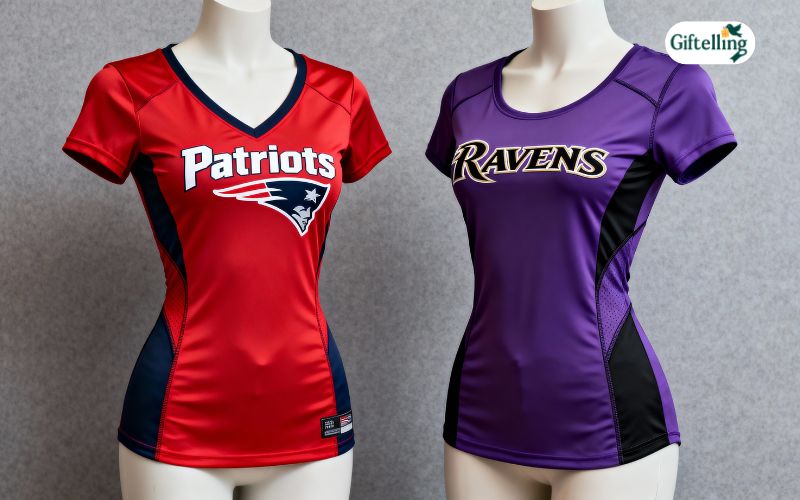 Women's fitted Patriots vs Ravens jerseys showing tailored designs for female fans with flattering cuts