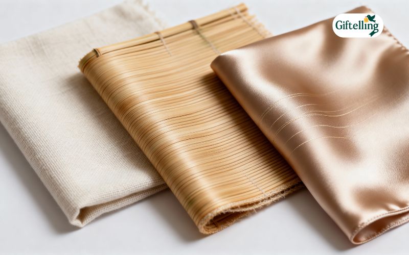 different pajama fabric swatches including cotton bamboo and silk materials showing texture comparison for sleepwear