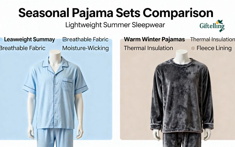 seasonal pajama sets comparison showing lightweight summer sleepwear and warm winter pajamas for temperature regulation