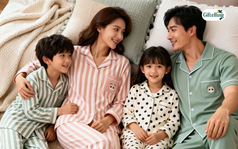 Matching family pajama sets and couple sleepwear showing coordinated designs for togetherness trends