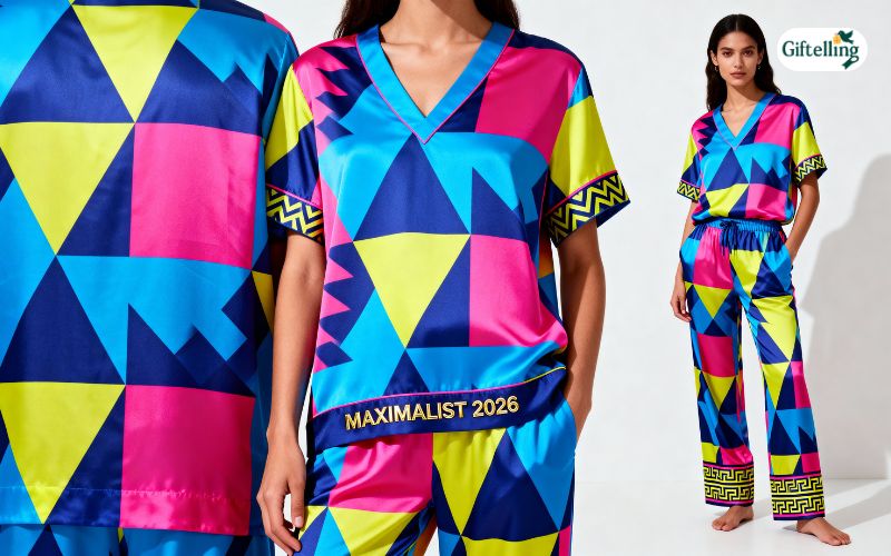 Bold printed pajama sets showing vibrant patterns geometric designs and maximalist sleepwear trends 2026