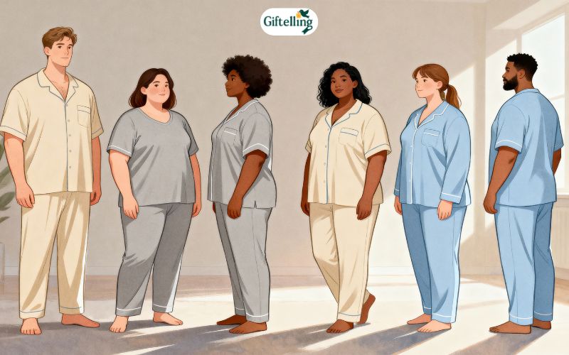 Gender-neutral inclusive pajama sets showing diverse body types and universal sleepwear designs
