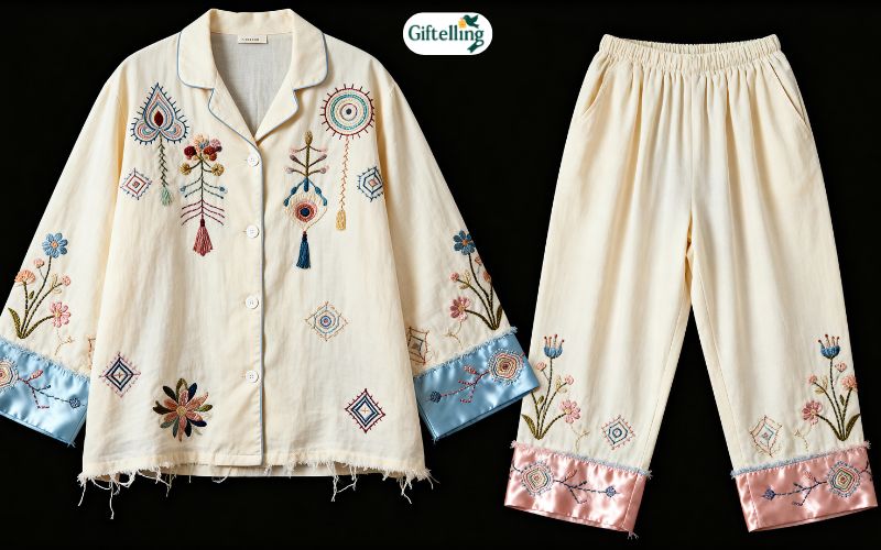 Artisanal handcrafted pajama sets with embroidery details and unique artistic sleepwear elements