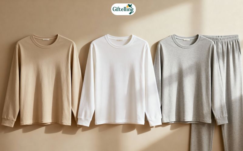 Minimalist timeless pajama basics in neutral colors showing classic simple sleepwear designs