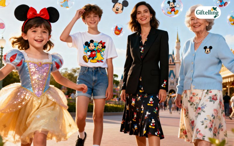 Disneycore fashion across age groups showing children, teens, adults, and seniors wearing Disney-inspired clothing