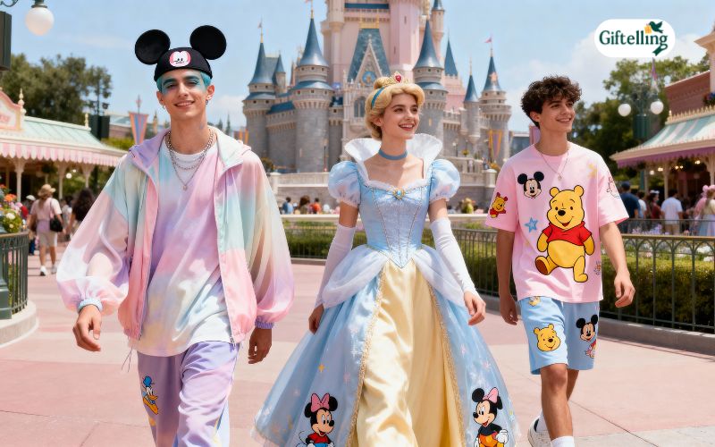 Gender-neutral Disneycore fashion showing inclusive Disney-inspired clothing worn by diverse people of all genders