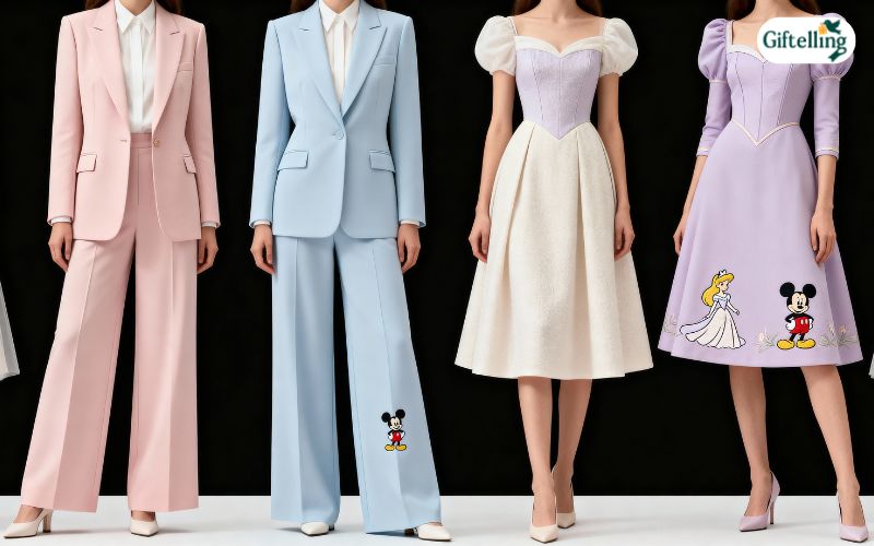 Minimalist Disneycore fashion showing sophisticated adult clothing with subtle Disney character references and clean designs