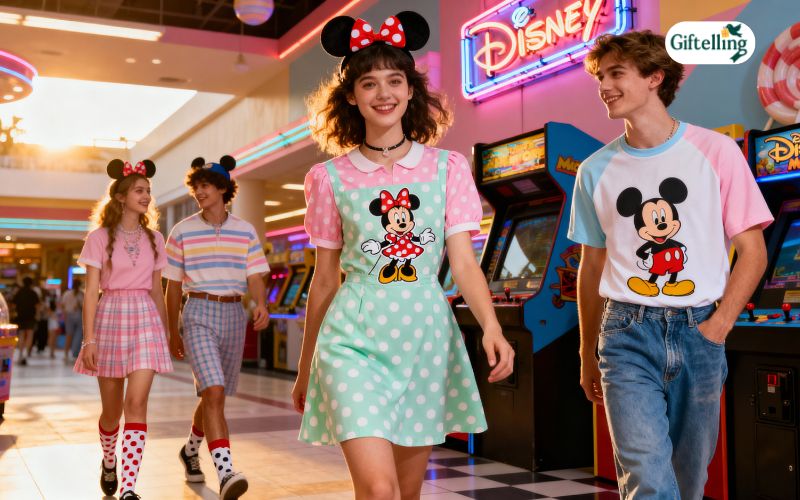 Nostalgia-driven Disneycore fashion showing millennials and Gen Z wearing vintage-inspired Disney character clothing