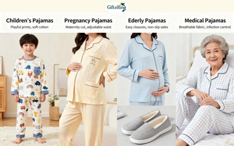 Specialized pajamas for different life stages including children pregnancy elderly and medical needs