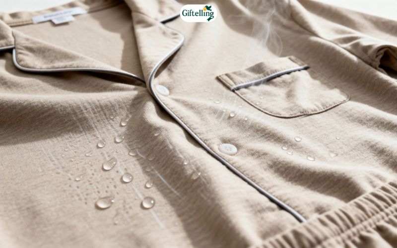 Temperature-regulating pajamas showing moisture-wicking fabric technology for managing night sweats and hot flashes
